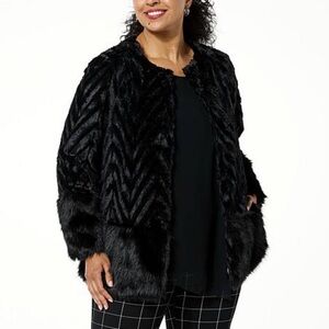 Nina Leonard Black Faux Fur Chevron Jacket